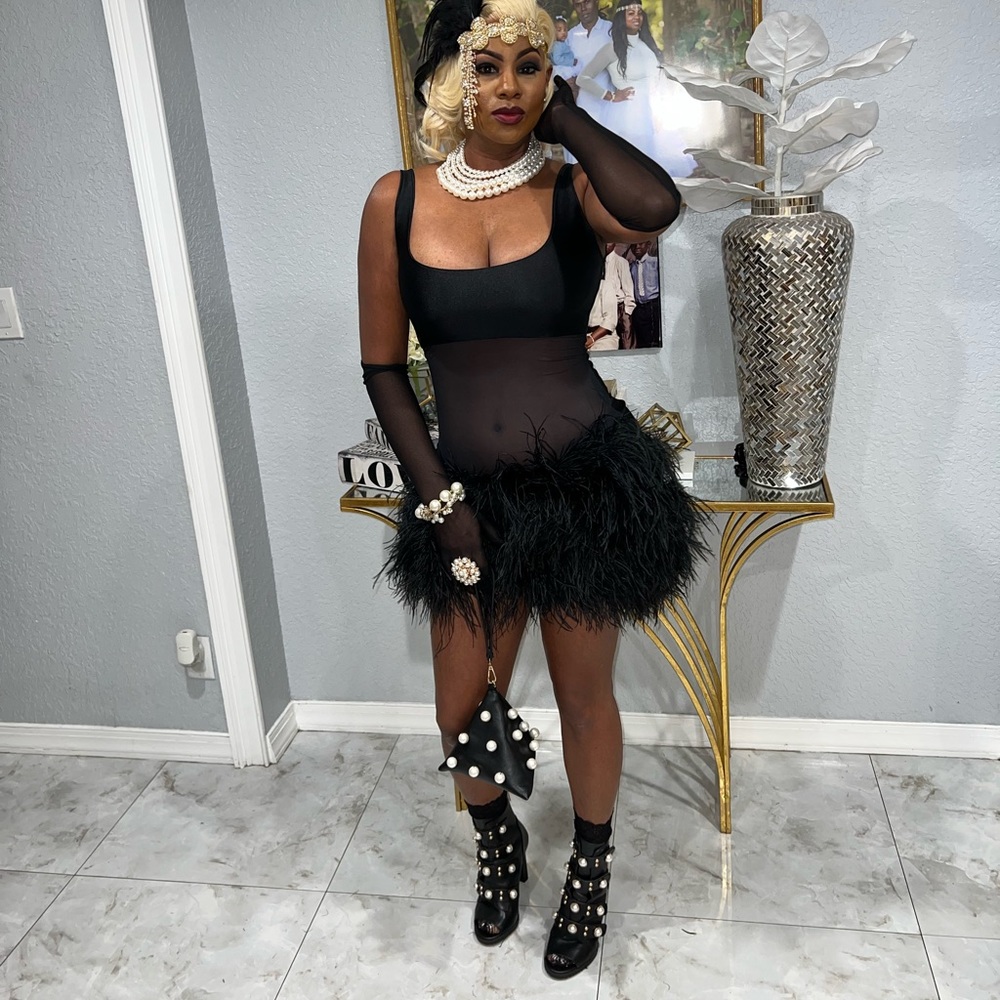 Black mesh dress with feathers size medium